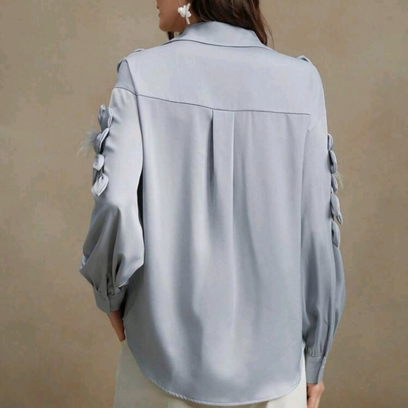 Women's Loose Khaki Handmade 3D Floral Feather Wheat Design Turndown - Picture 6 of 8